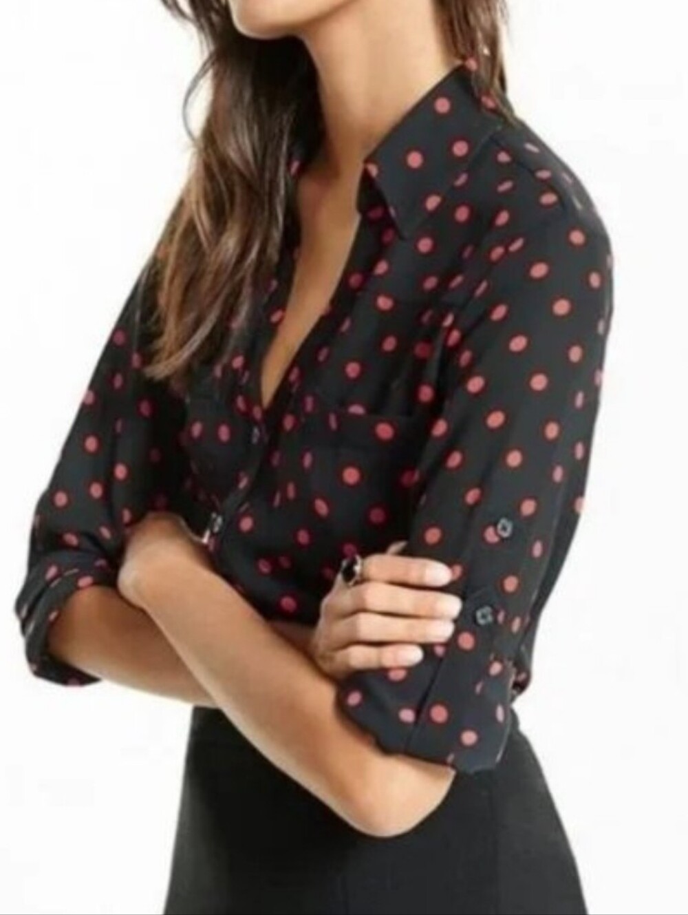 Express Black Button-Down Roll Up Sleeves Shirt with Red Polka Dots Sz S